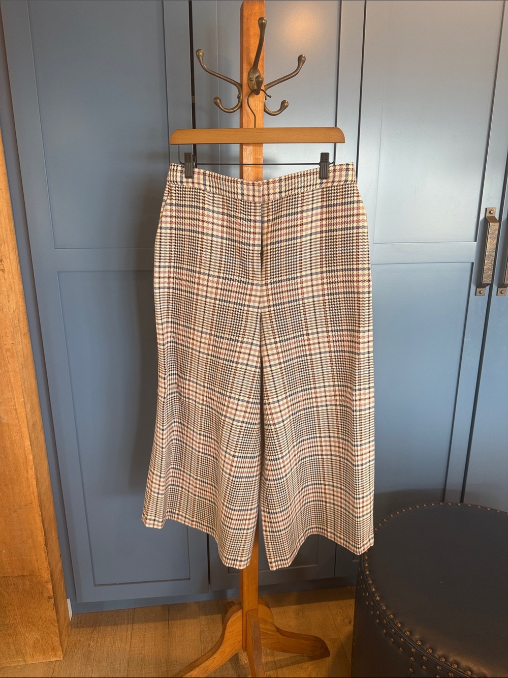 Massimo Dutti Plaid Wide-Leg Cropped Pants — Cream & Brown